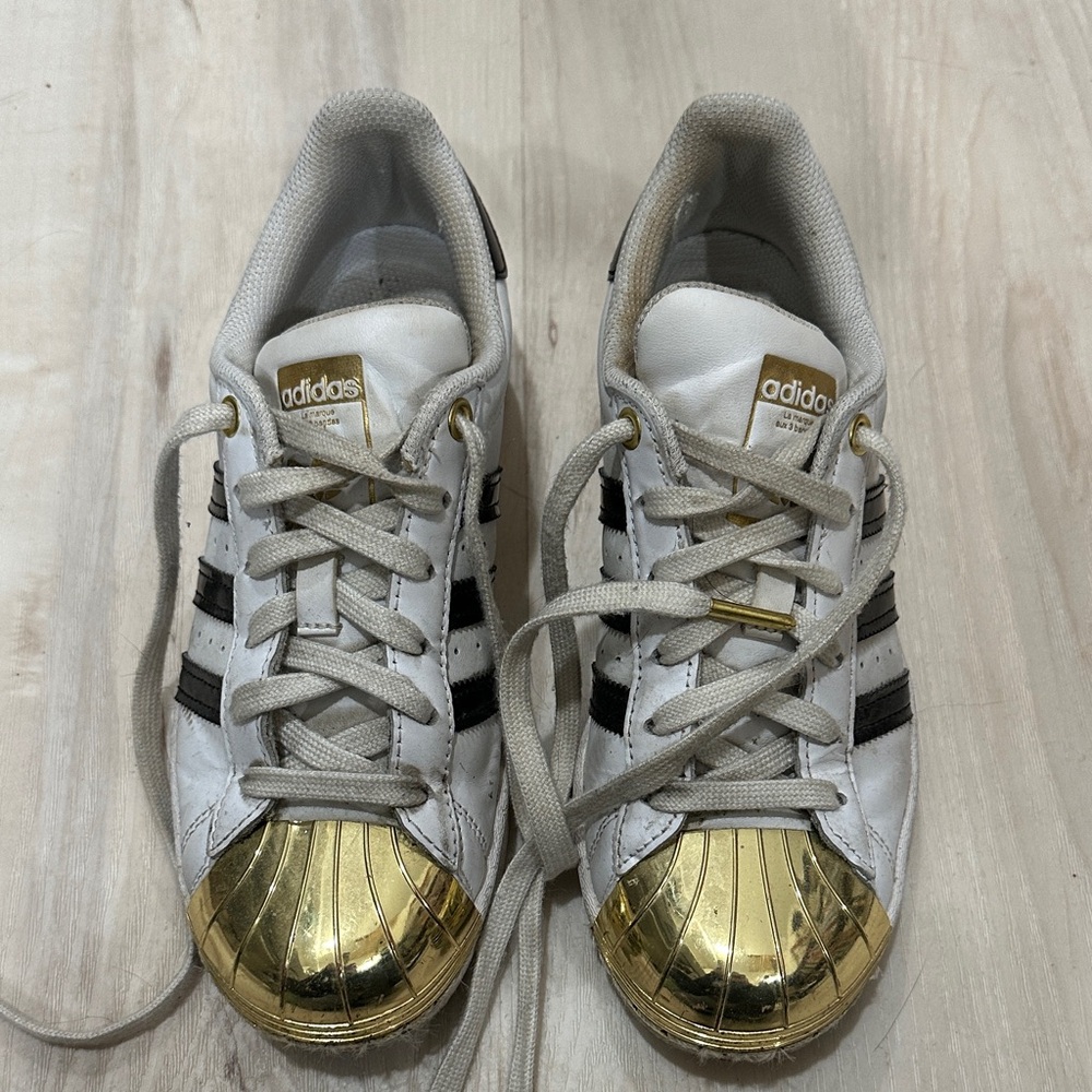 Adidas White and Gold Superstars Sneakers